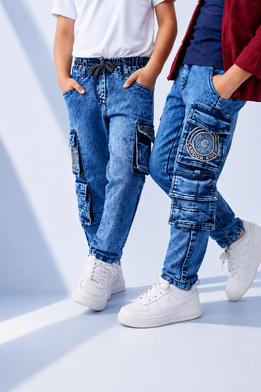 Translation missing: en.Two children wearing blue denim cargo pants with white sneakers, standing against a light blue background with promotional text that reads 'DENIM THEY CAN ACTUALLY LIVE IN.'