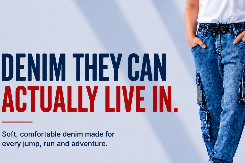 Translation missing: en.Two children wearing blue denim cargo pants with white sneakers, standing against a light blue background with promotional text that reads 'DENIM THEY CAN ACTUALLY LIVE IN.'