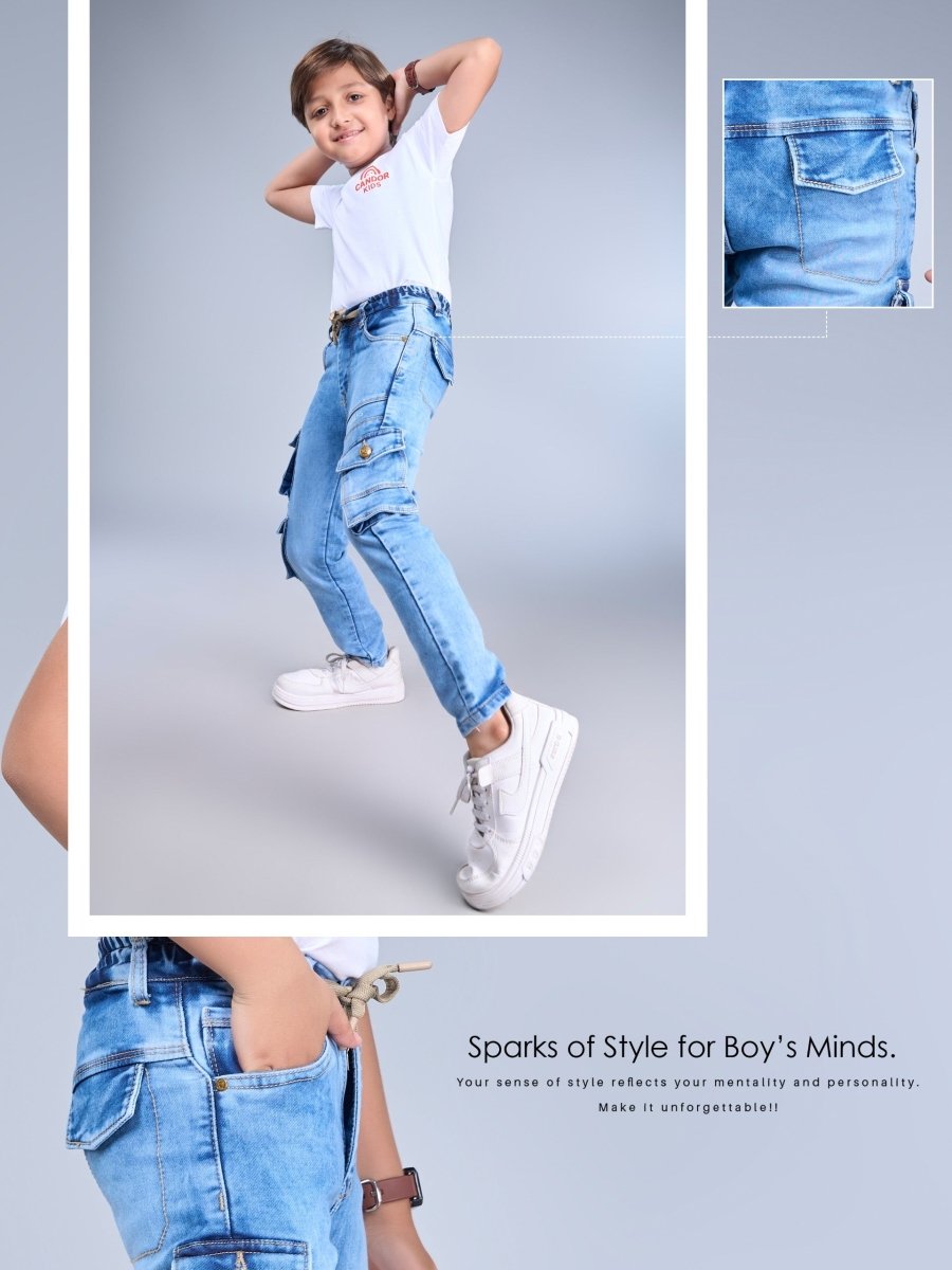 Sky Patrol - Light Blue Cargo Jeans for Kids - Candor Kids